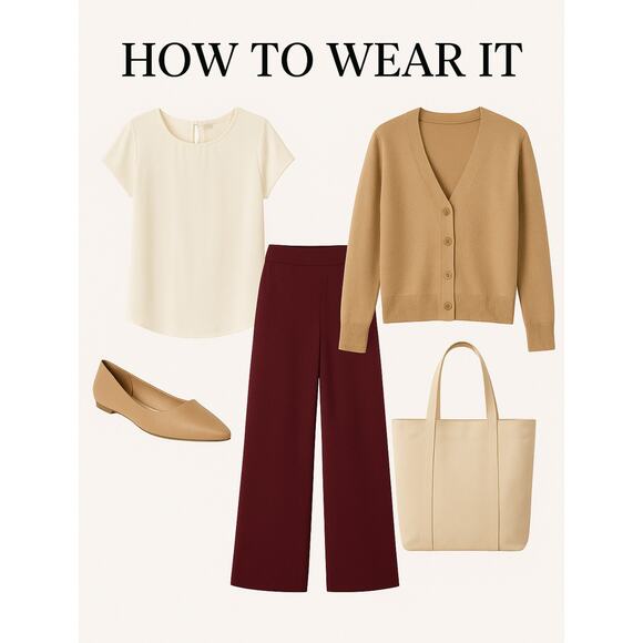 LOFT Maroon Wide Leg Pull-On Cropped Pants Women’s Medium Stretch Work Casual - Picture 5 of 8